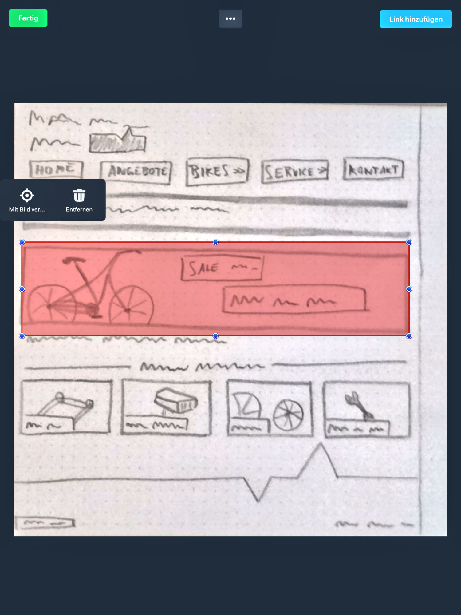 Screenshot of the POP app where you see a photo of a sketch with a linked overlay
