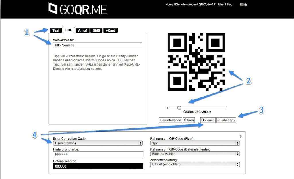 Pfeile und Nummern erklären die einzelnen Schritte bei der Erstellung von QR-Codes