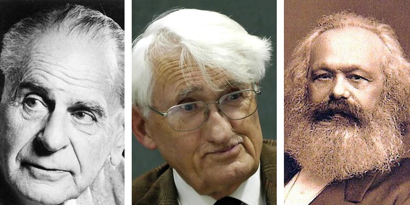 Porträts von Karl Popper, Jürgen Habermas und Karl Marx