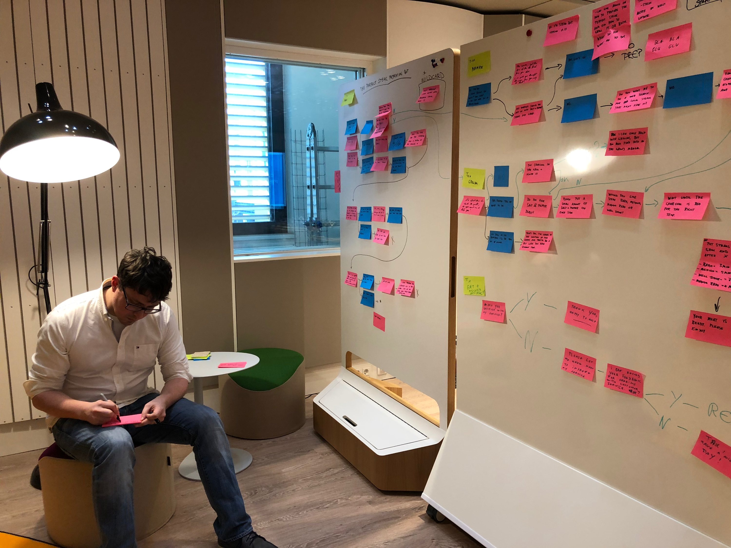 A person is noting down phrases on sticky notes in front of a huge whiteboard
